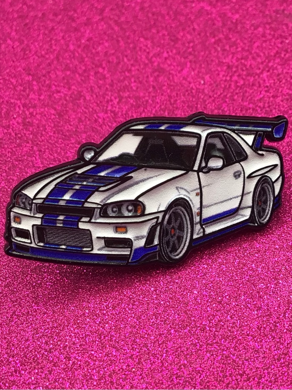 White Car Blue Stripes Enamel Pin